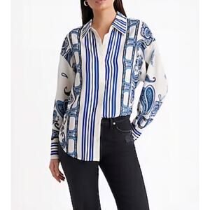 Express Portofino Shirt Womens Large Blue Paisley Striped Oversized Career Satin